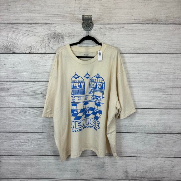 Old Navy Men's Cream Blue Venice Graphic Cropped Short Sleeve Tee Size XXXXL - Picture 1 of 7